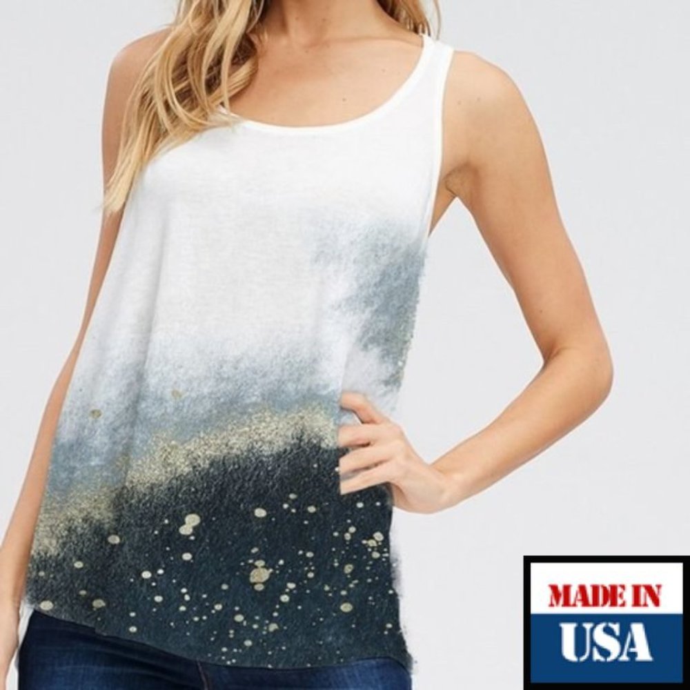 Racerback Tank Tie Dye with Gold Paint Splatter